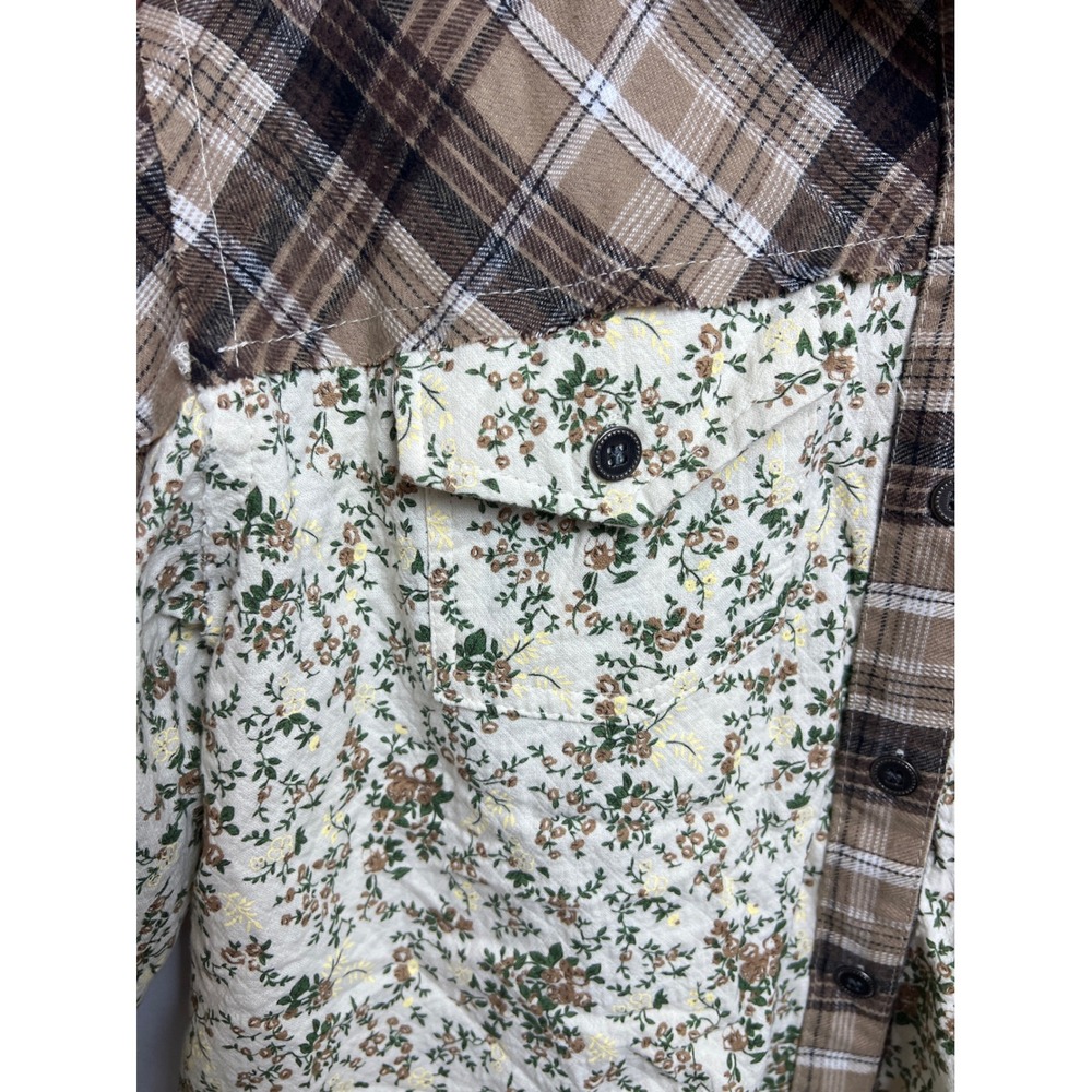 POL Mixed Media Plaid Floral Button Down Shirt Brown Womens S Baloon Sleeve Boho - Picture 7 of 10